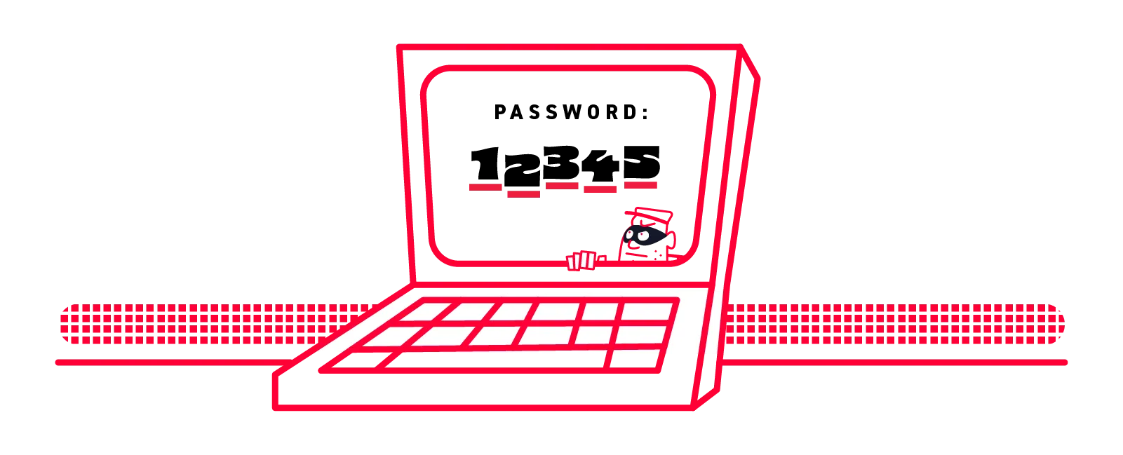 A cartoon burglar peeking over the bottom of a laptop screen displaying the weak password 12345.